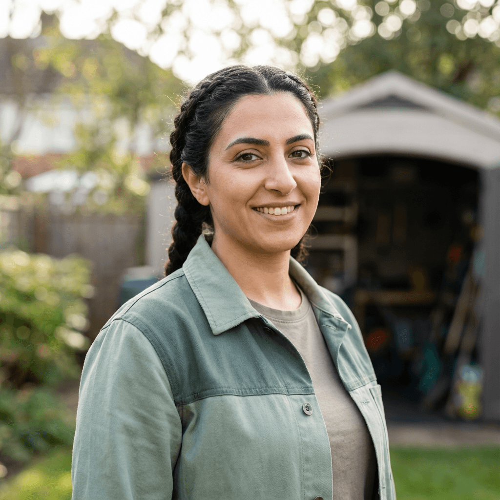 Maria Santos in front of her freshly maintained lawn