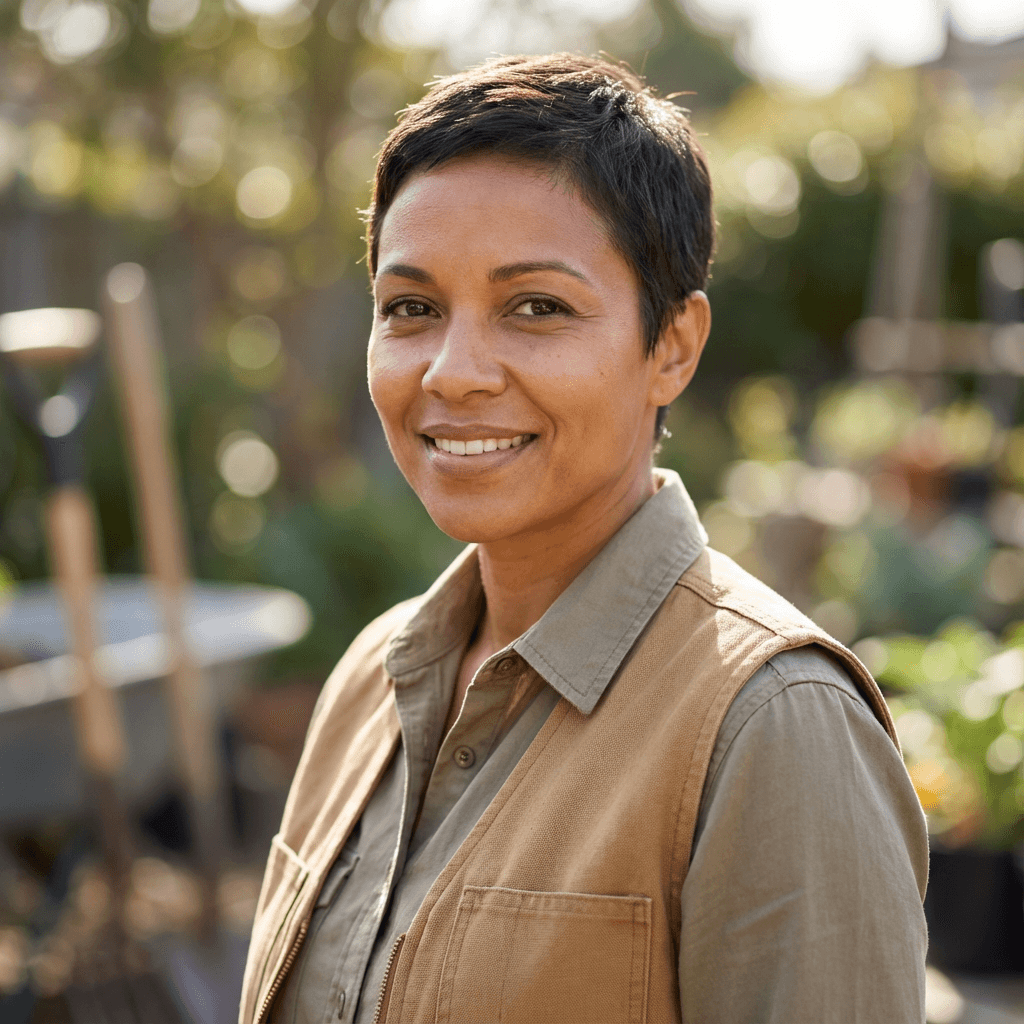 Patricia Gonzalez pointing to her landscaped property