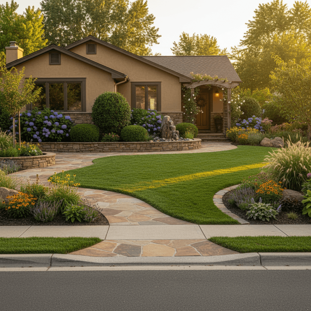 Front yard landscape design featuring lawn care and hardscaping