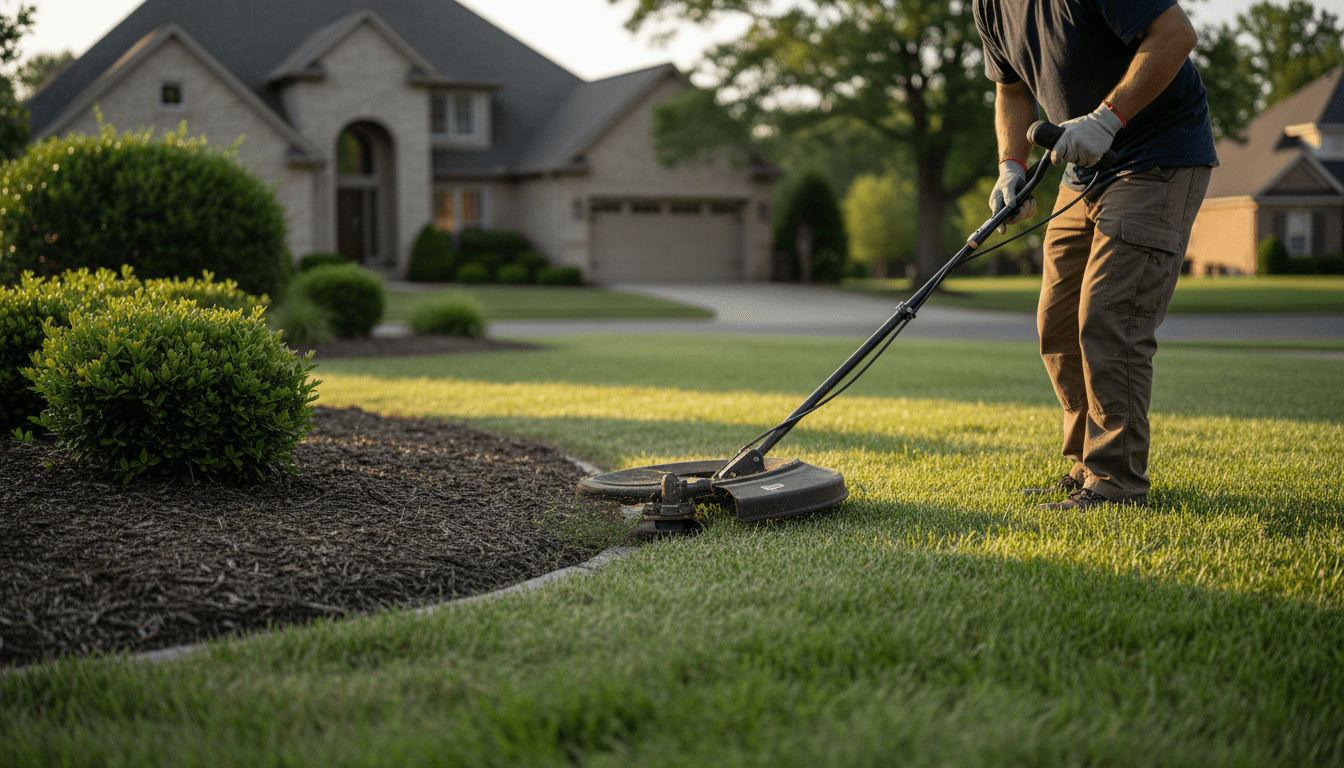 Landscaper edging lawn with precision during morning service
