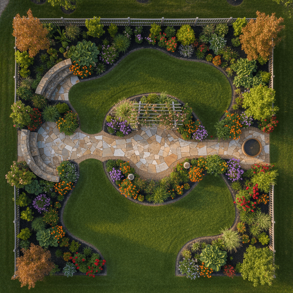 Aerial view of complete landscape design and property transformation