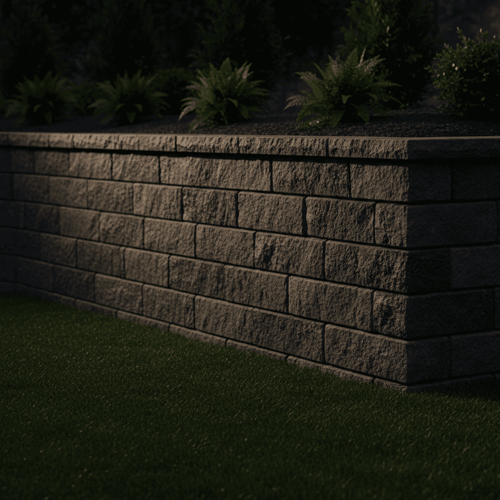 Close-up of stacked stone retaining wall with new plantings