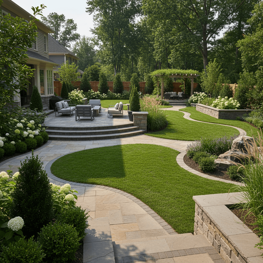 Completed backyard landscaping transformation with integrated hardscape