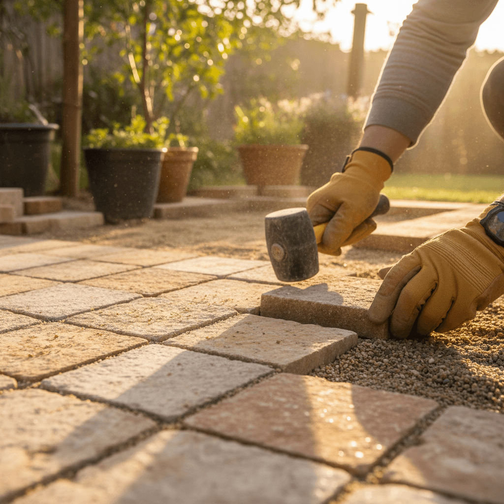 Professional hardscape installation with detailed paver work