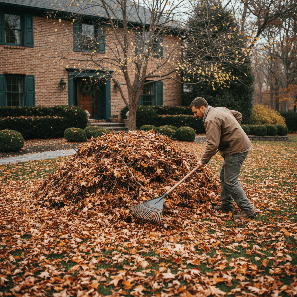 Seasonal yard cleanup showing removal of fallen leaves and debris from property