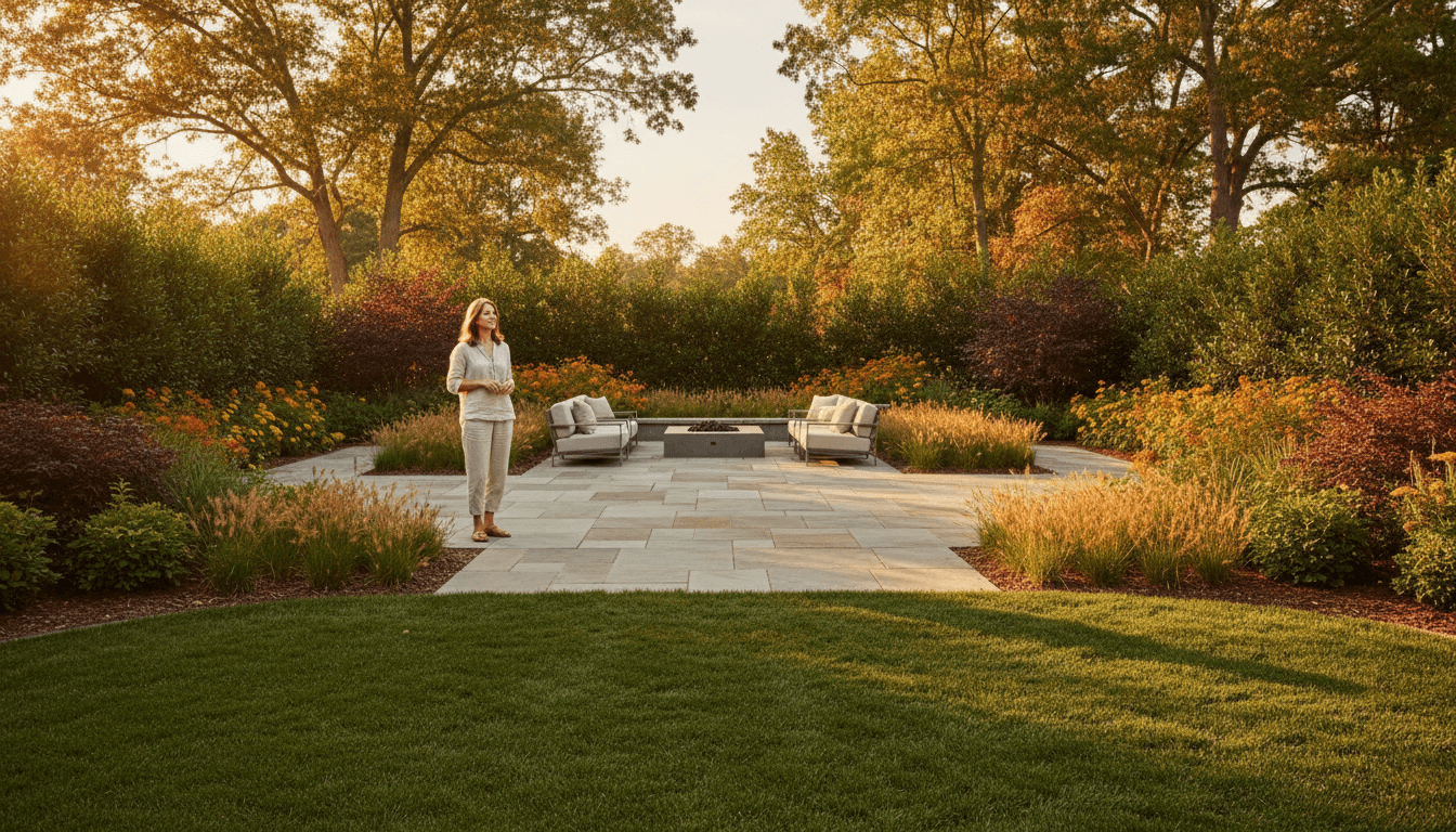 Beautifully maintained residential landscape with manicured lawn, stone hardscaping, and mature plantings in Shirley