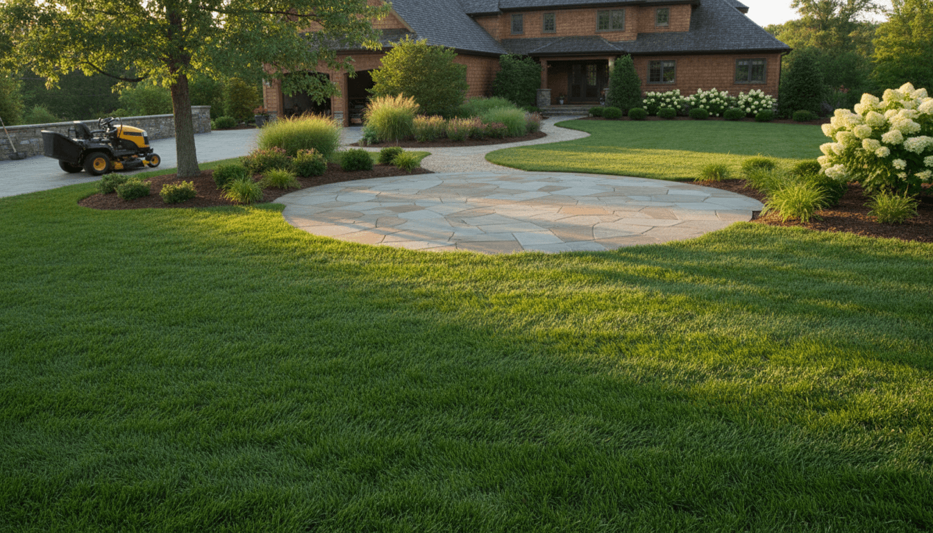 Well-maintained residential landscape with professional hardscaping and manicured lawn in Shirley