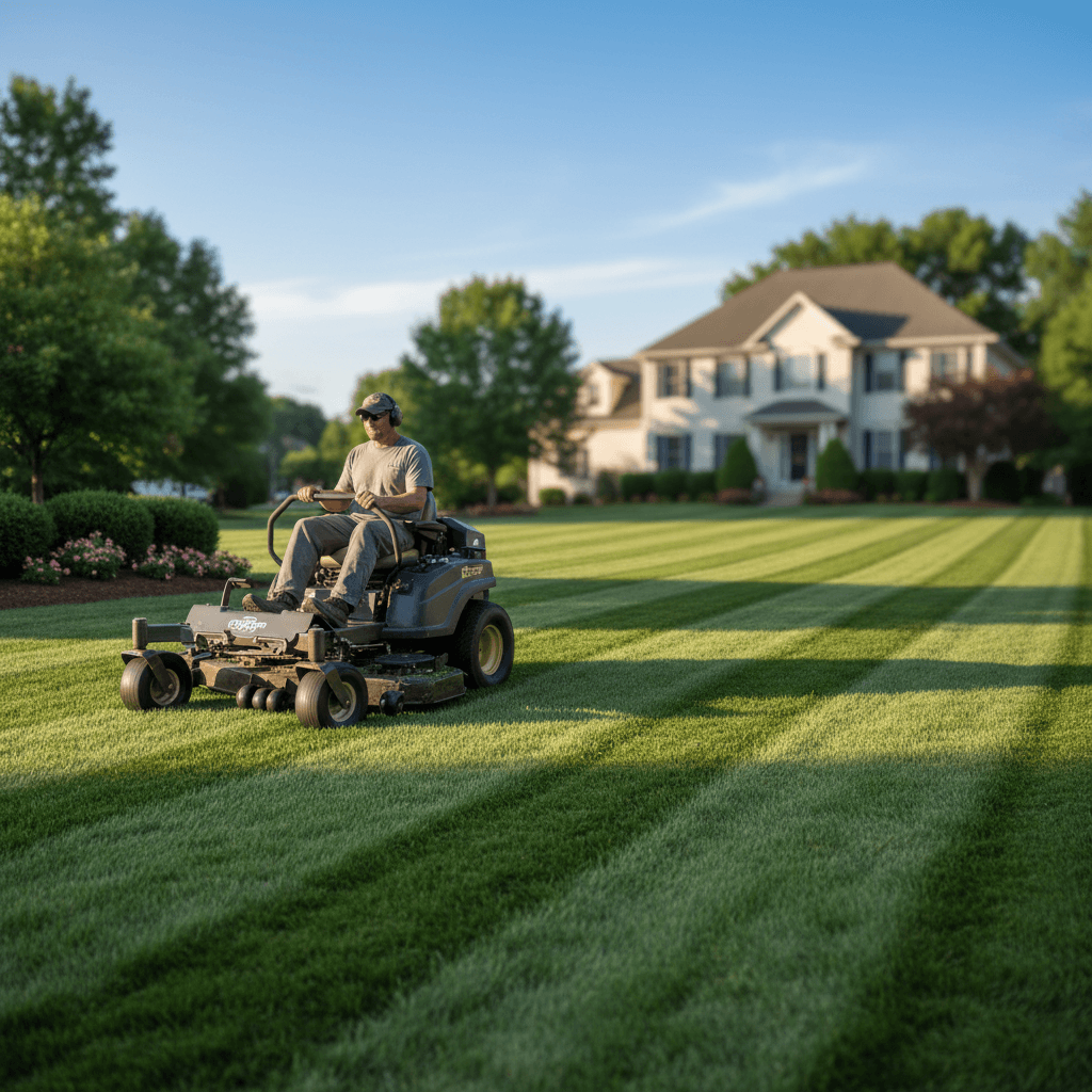 Professional lawn mowing service with zero-turn mower creating clean stripe patterns