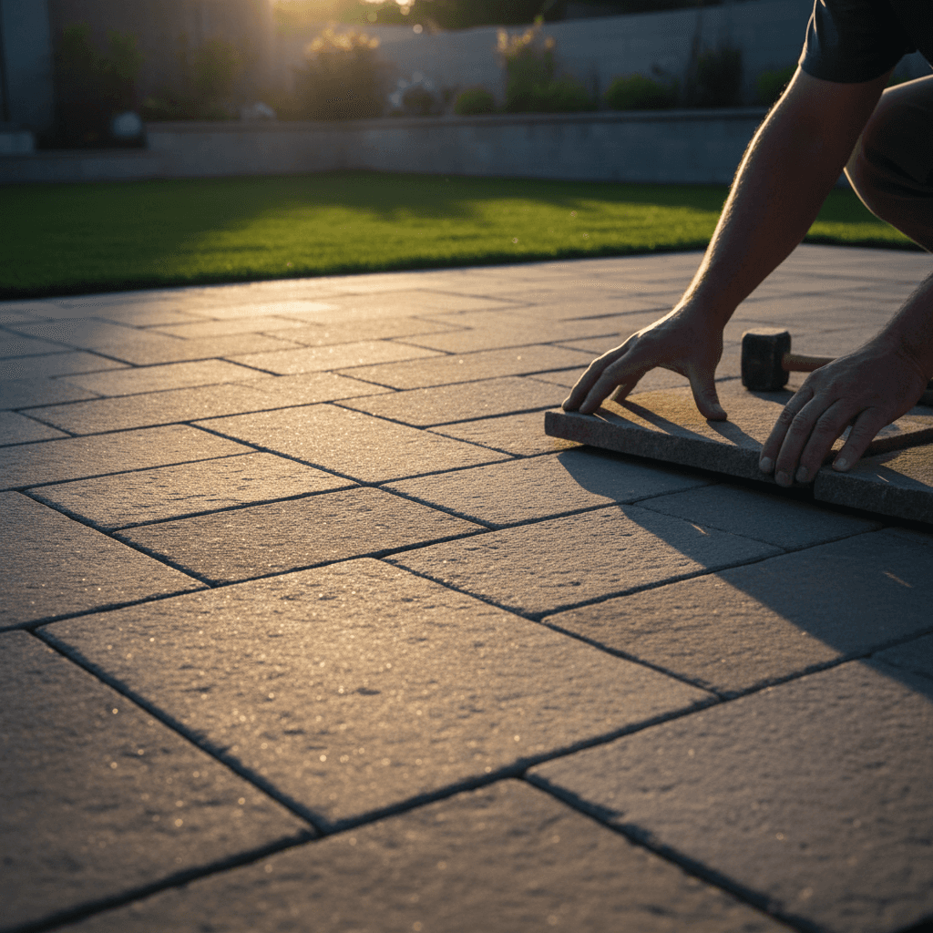 Completed hardscaping project featuring custom stone patio with professional installation