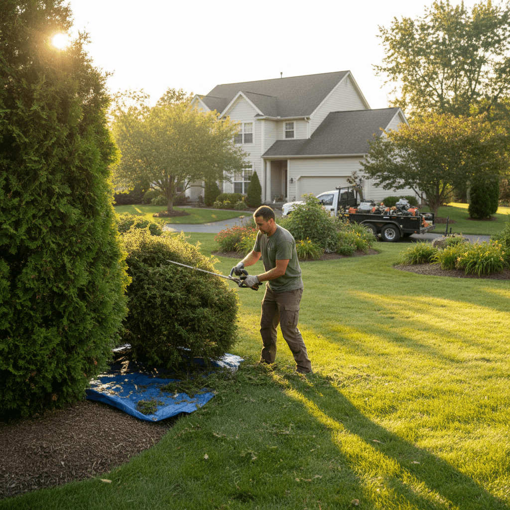 Landscaping professional performing maintenance work on residential property