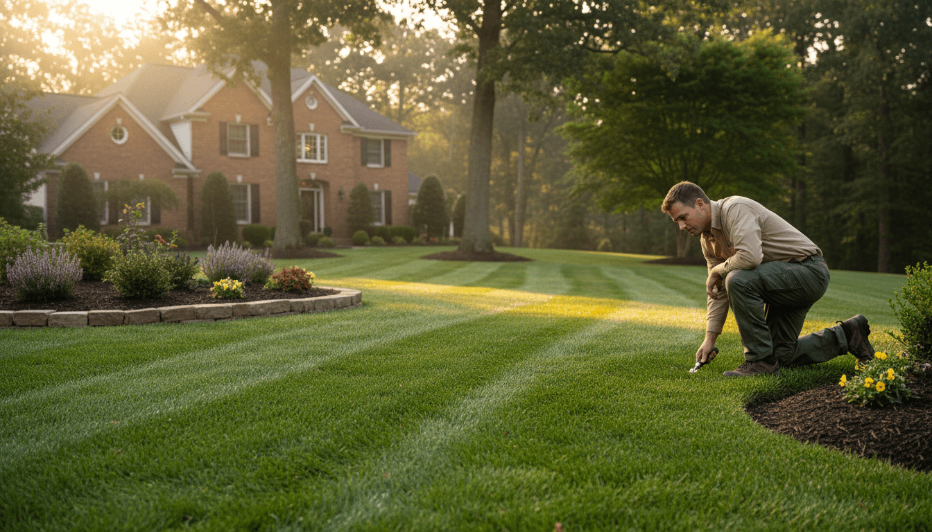 Professional landscaper inspecting newly cut lawn in Shirley residential yard