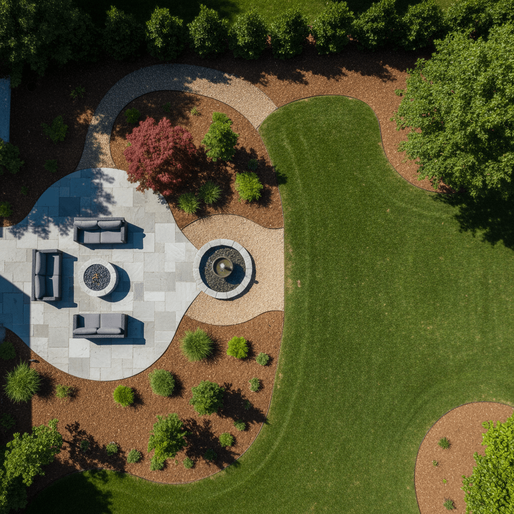 Overhead view of completed hardscape and landscape design