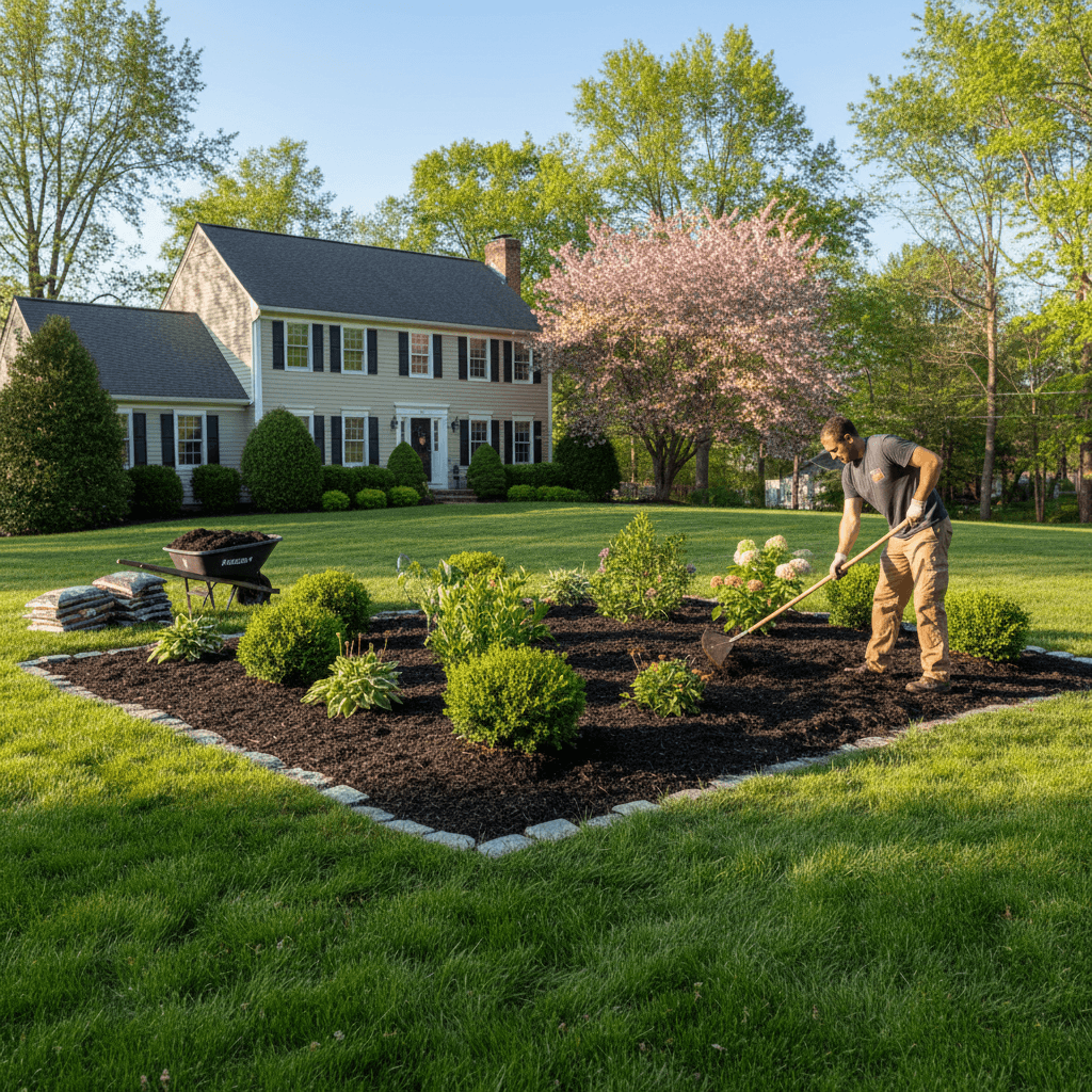 Landscaper spreading fresh mulch in a prepared garden bed