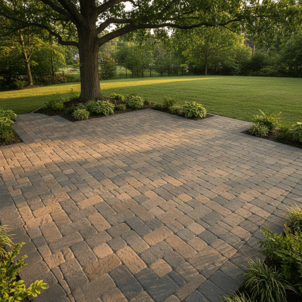 Completed stone patio with geometric paver pattern