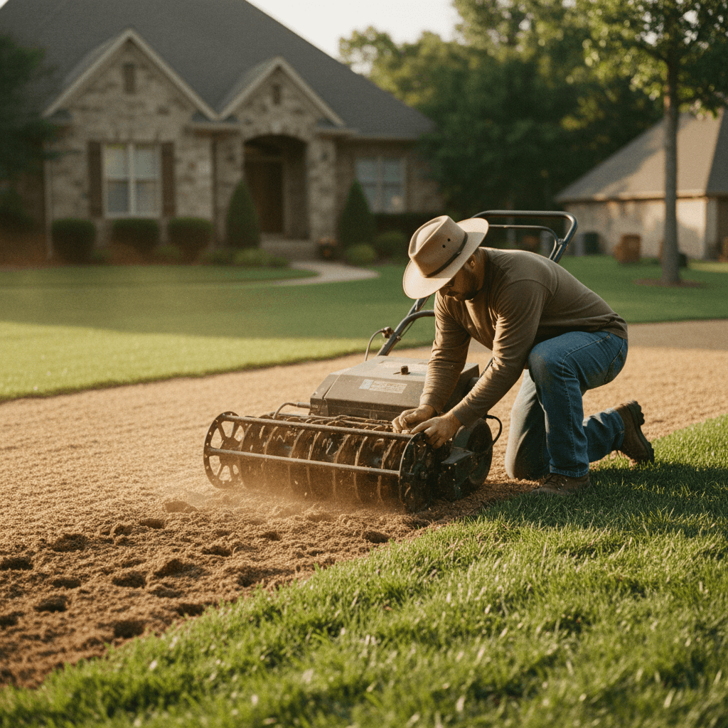 Professional lawn aeration and seeding service in progress